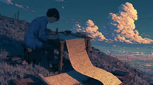 Illustration of a person writing a customer service resume at an outdoor desk, with a long paper scroll and sunset sky in the background.