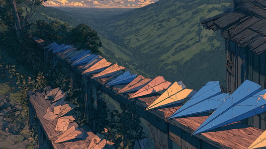 Illustration of paper airplanes flying across a mountain valley at sunset, representing the search for Delighted alternatives after its shutdown.