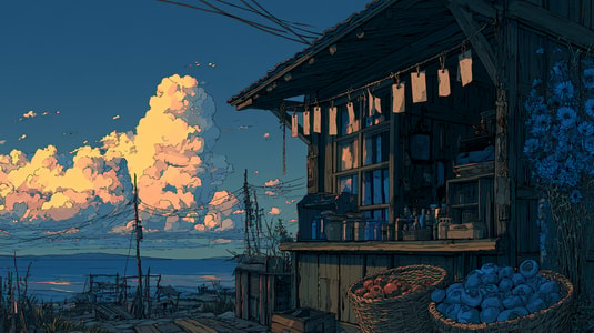 Anime-style illustration of a seaside wooden shop at sunset, with baskets of fruit in front and glowing clouds over the water.