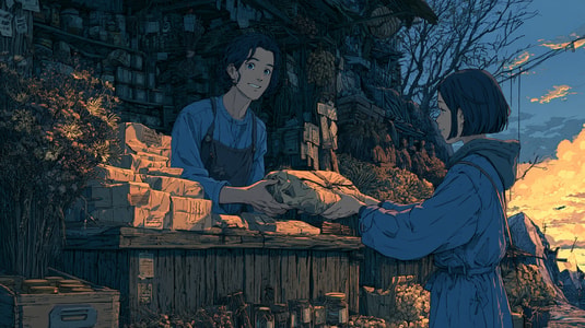 Illustration of an ecommerce customer service interaction, with a shop worker handing a package to a customer at a counter during sunset.