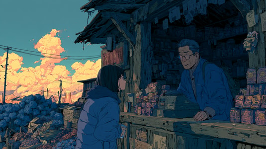 Anime-style ecommerce store owner helping a customer at a small shop counter, used as a feature image for ecommerce live chat software.
