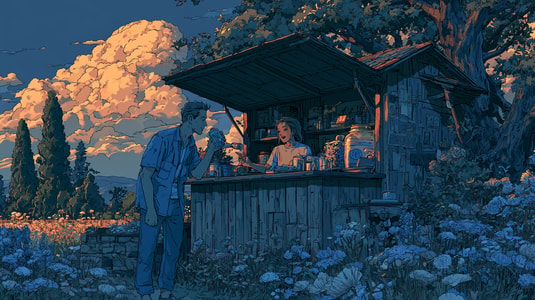 Illustration of two people chatting at a small garden kiosk at sunset.