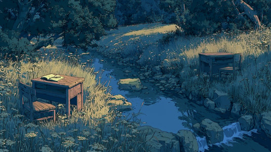 Illustration of two wooden desks in a grassy stream valley at dusk, used as the feature image for a Freshdesk vs Front helpdesk comparison article.