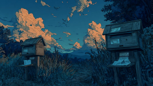 Illustration of two support mailboxes in a field at dusk for a Freshdesk vs Help Scout comparison