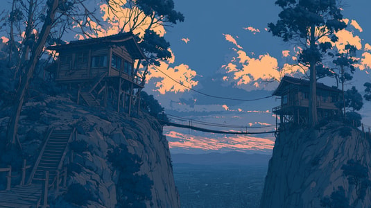 Anime-style illustration of an old wooden house in tall grass at sunset, with glowing clouds and a blue evening sky in the background.