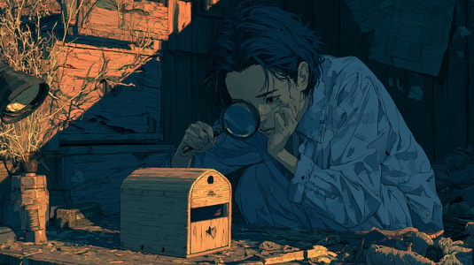 A young man examines a wooden chest with a magnifying glass in a dimly lit, cluttered room.