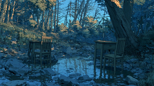 Illustration of two desks and chairs sitting in a shallow forest stream, representing a comparison between Helpshift and Zendesk support platforms.