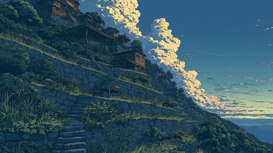 Anime-style hillside with tiered paths and houses, used as a feature image for explaining IT support levels from tier 0 to tier 4.