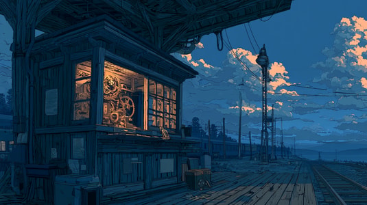 Illustration of a train station service booth with visible gears inside, representing Jira chatbot automation for service desk workflows.