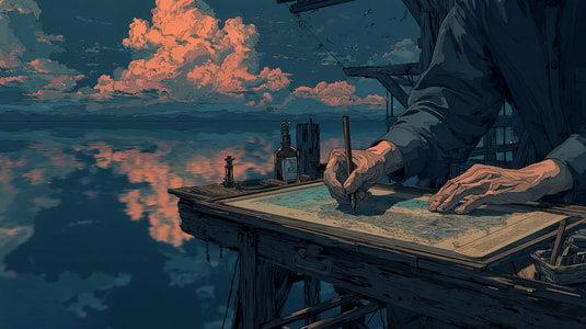 Illustration of a person writing on a map beside a calm ocean at sunset.