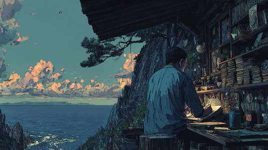 A person reads and writes at a desk overlooking the ocean.