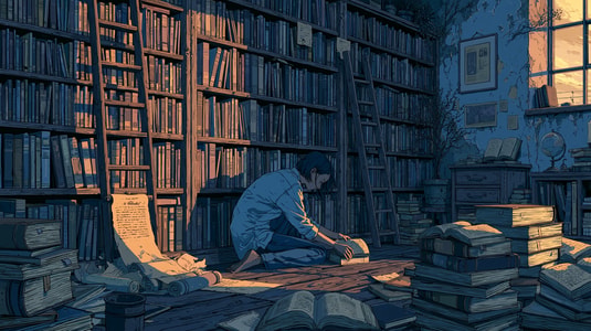 A person organizes books and papers in a quiet library.