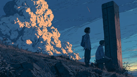 Anime-style people studying a tall dashboard marker at sunset, used as a feature image for live chat metrics and KPIs.