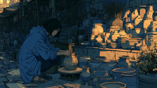 A person in a blue robe shaping a clay pot by hand in a quiet outdoor pottery market, surrounded by ceramic bowls, jars, and warm evening light.