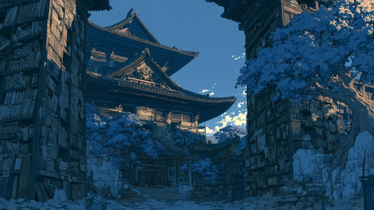 Illustration of a traditional temple courtyard between tall buildings, used as the feature image for a Mintlify vs Docusaurus comparison article.
