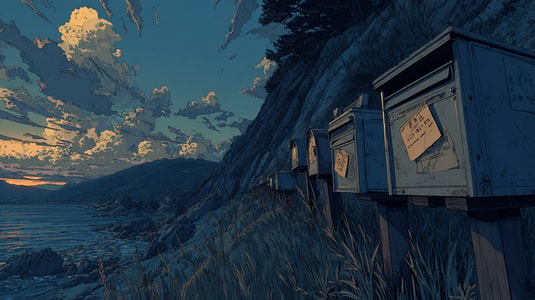 Illustration of shared mailboxes along a coastal cliff at sunset for a Missive pricing guide