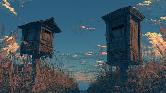 Illustration of two wooden mailboxes on posts in a field, representing a comparison between Missive and Front shared inbox tools.