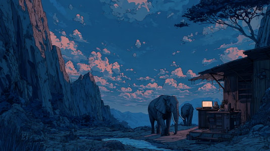 Illustration of two elephants standing near a small wooden workstation in a rocky mountain valley under a twilight sky.