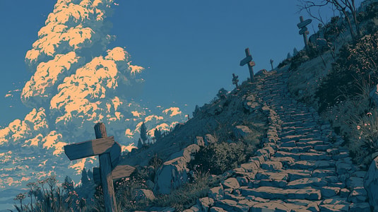 Stone path leading up a hill with roadmap signs along the way.