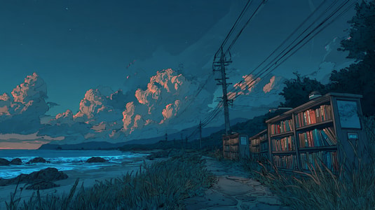 Illustration of a coastal path with bookshelves beside the ocean, used for a blog about SaaS knowledge base examples.