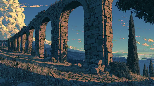 Anime-style illustration of ancient stone aqueduct arches on a hillside at sunset, with tall grass, cypress trees, and mountains in the distance.