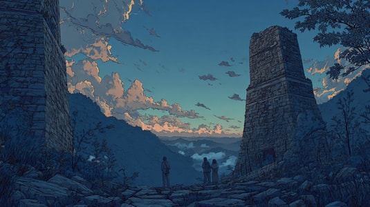 Illustration of three people standing between ancient stone ruins at sunset.