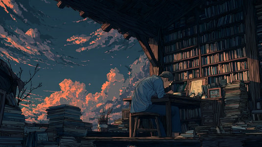 A person writes documentation at a desk in a quiet library at sunset.