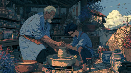 Illustration of an older potter teaches a younger person how to shape clay on a wheel.