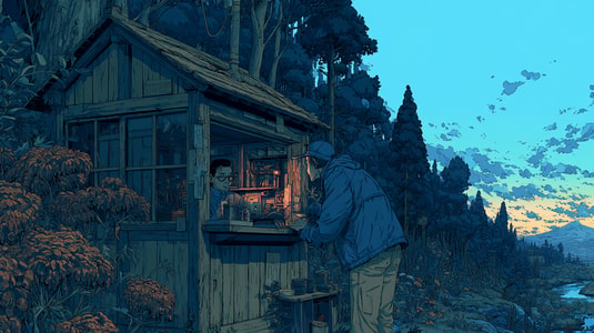 Illustrated feature image showing a person using a small outdoor service window at dusk.
