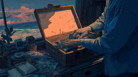 Illustration of a person opening a wooden chest filled with sand and maps on a seaside table at sunset.