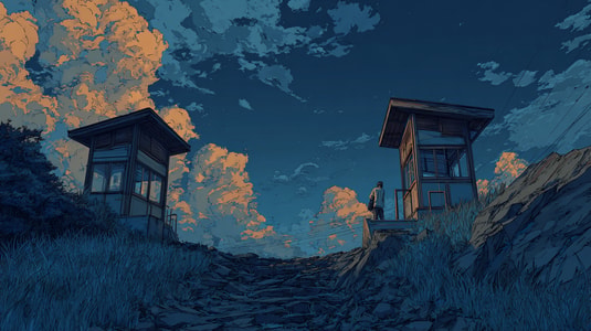 Illustration of a person standing between two small glass office buildings under a dramatic evening sky.