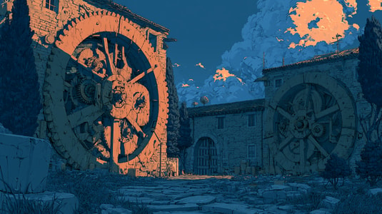 Illustration of large gears turning between two old buildings.