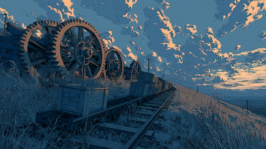 Illustration of gears and mine carts on railway tracks at sunset.