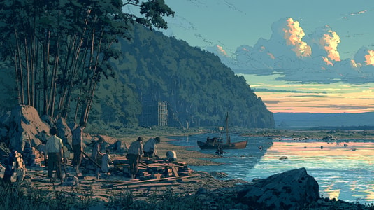 A group works together beside a river, representing shared internal knowledge and documentation.