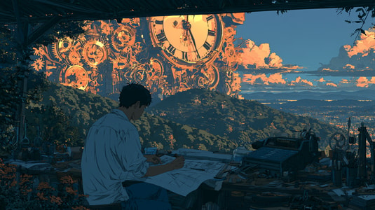 A person designs a conversational AI system beside a large clockwork structure.
