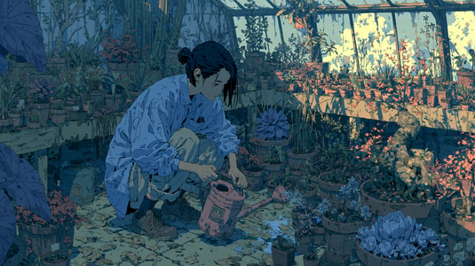 Illustration of a person carefully watering potted plants in a sunlit greenhouse.