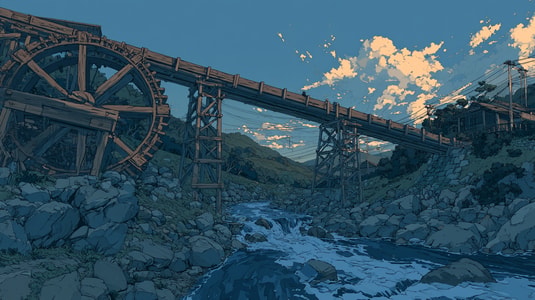 Illustration of a waterwheel and wooden channel guiding a river, representing customer experience automation.
