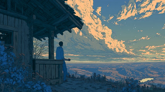 Illustration of a person looking out over a mountain valley from a wooden porch at sunset.