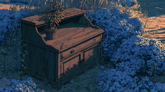 Illustration of a wooden cabinet surrounded by blue flowers.