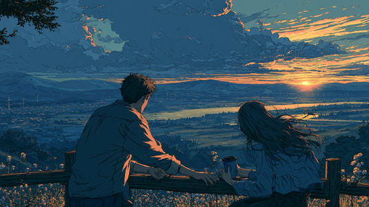 Two people talking together while overlooking a valley at sunset, representing trust and deeper customer relationships.