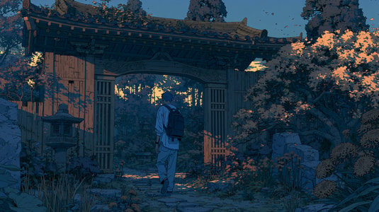 Illustration of a person walking through a garden gate, representing the customer onboarding journey.