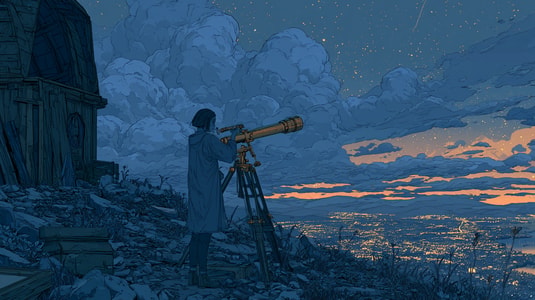 Illustration of a person looking through a telescope over a glowing city at dusk.