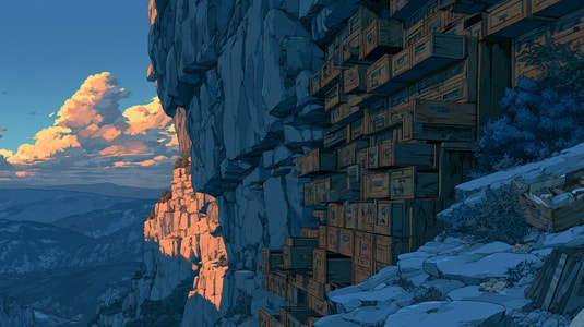 Illustration of stacked case files built into a snowy cliffside at sunset.