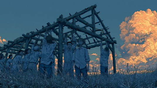 Illustration of a support team standing under an unfinished wooden frame, symbolizing customer service collaboration.