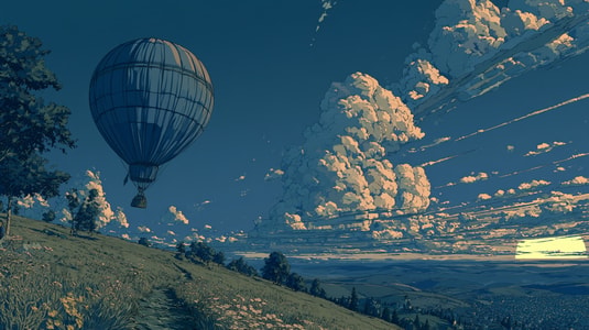 Illustration of a hot air balloon rising over a landscape, representing customer service motivation and team growth.