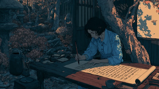 Illustration of a person writing at a desk, used for a guide on customer service phrases.