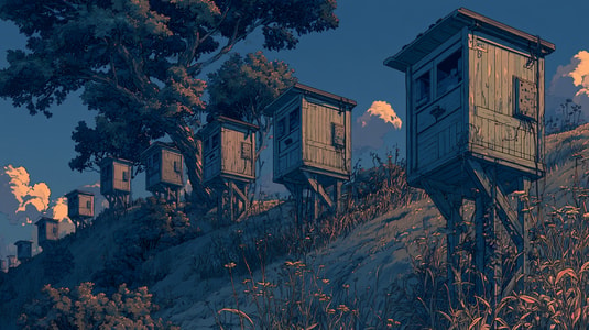 Anime-style illustration of multiple wooden service booths lined up on a grassy hillside at sunset.