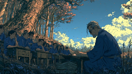 Anime-style illustration of a customer service training class outdoors, with students seated at wooden desks while an instructor reviews notes.
