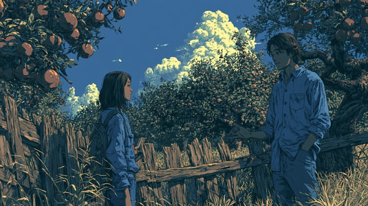 Illustration of two people talking in an orchard.