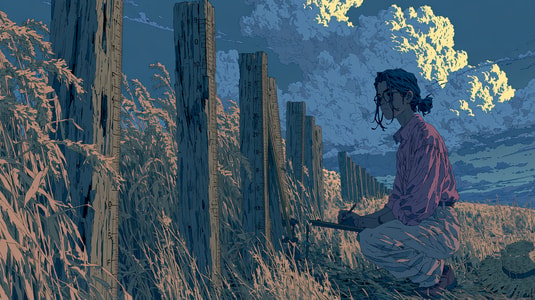 Illustration of a woman measuring customer success metrics beside numbered wooden posts in a grassy field.